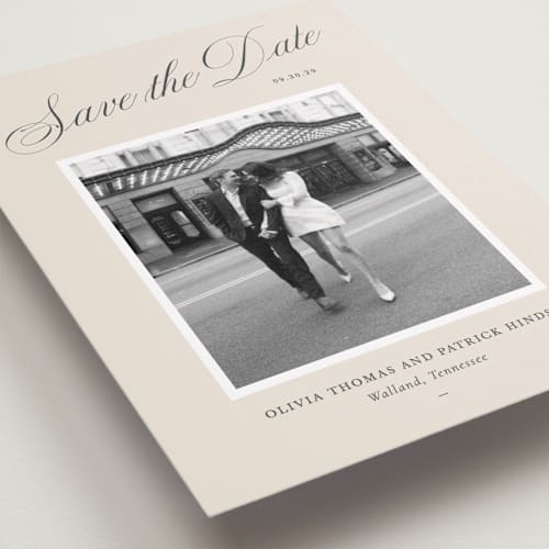 This is a champagne save the date with standard by Sara Hicks Malone called belle meade printing on recycled smooth signature in standard