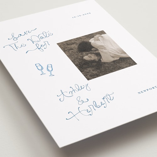 This is a cerulean save the date with standard by Tamara Hilje called positano printing on recycled smooth signature in standard