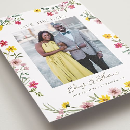 This is a peony save the date with standard by Yaling Hou Suzuki called wildflower wreath printing on recycled smooth signature in standard