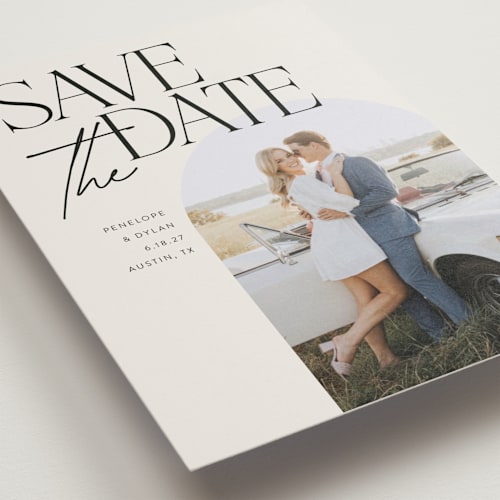 This is a ecru save the date with standard by Morgan Kendall called penelope printing on recycled smooth signature in standard