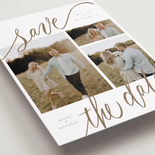 This is a veil save the date with standard by Elsa Duncan called tri-photo happy holidays printing on recycled smooth signature in standard