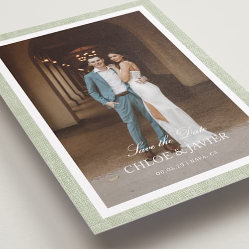 This is a garden save the date with standard by Kelly Schmidt called summer linen printing on recycled smooth signature in standard