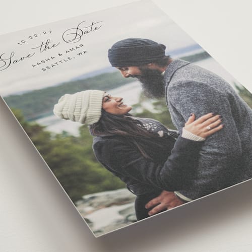 This is a smoke save the date with standard by Morgan Kendall called stamp printing on recycled smooth signature in standard