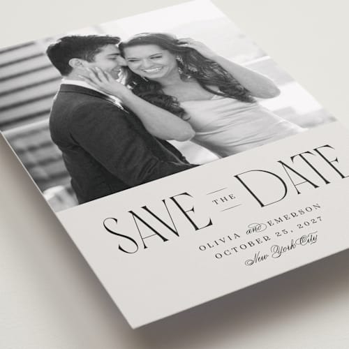 This is a dove save the date with standard by Robert and Stella called pierre printing on recycled smooth signature in standard