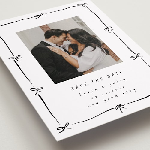 This is a coal save the date with standard by Susan Zinader called preppy bow border printing on recycled smooth signature in standard