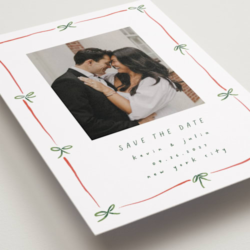 This is a berry save the date with standard by Susan Zinader called preppy bow border printing on recycled smooth signature in standard