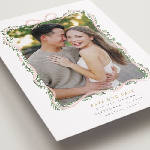 This is a blush save the date with standard by Itsy Belle Studio called ribbonly frame printing on recycled smooth signature in standard