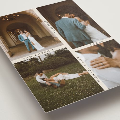 This is a ecru save the date with standard by Morgan Kendall called grid printing on recycled smooth signature in standard