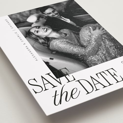 This is a pearl save the date with standard by Melanie Kosuge called right side printing on recycled smooth signature in standard