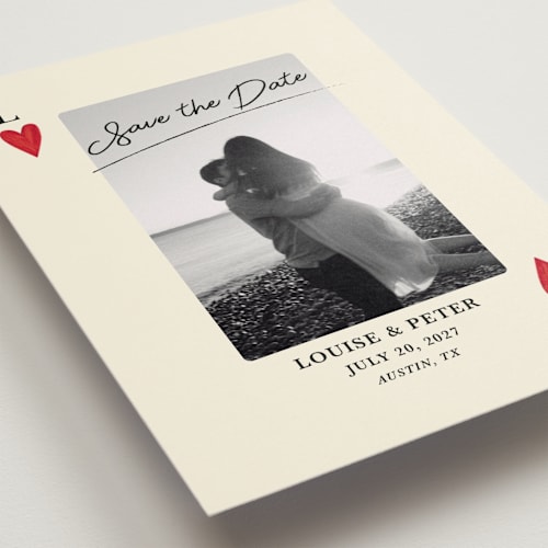 This is a champagne save the date with standard by Helena Vitto called red hearts printing on recycled smooth signature in standard