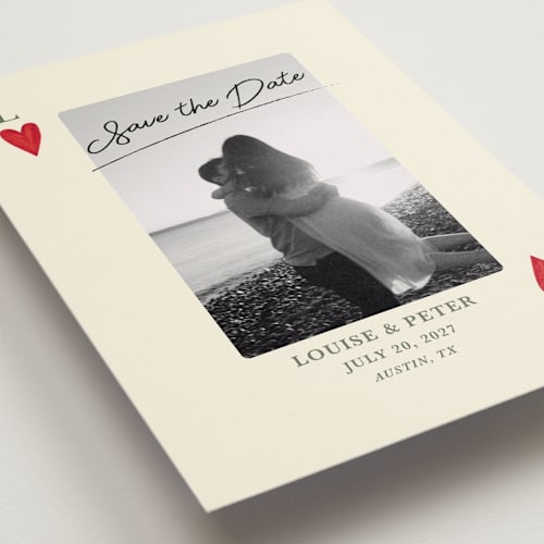 This is a olive save the date with standard by Helena Vitto called red hearts printing on recycled smooth signature in standard