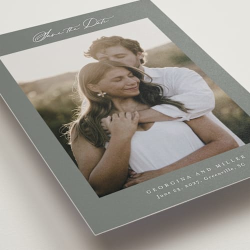 This is a sage save the date with standard by Stacey Meacham called modern air printing on recycled smooth signature in standard