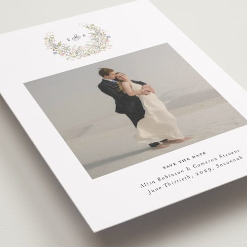 This is a sage save the date with standard by Lori Wemple called flowering arch printing on recycled smooth signature in standard