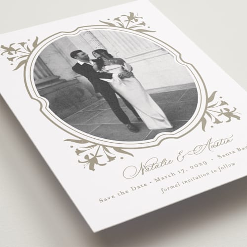 This is a paris rain save the date with standard by Jennifer Postorino called calia printing on recycled smooth signature in standard