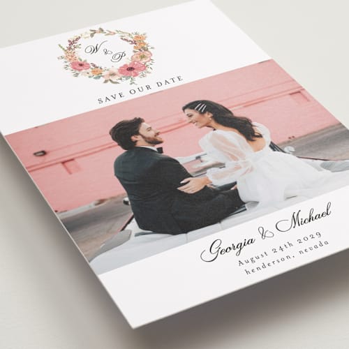 This is a sunset save the date with standard by Susan Moyal called cherished printing on recycled smooth signature in standard