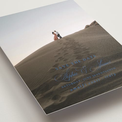 This is a blue mist save the date with standard by Design Lotus called amalfi blue printing on recycled smooth signature in standard