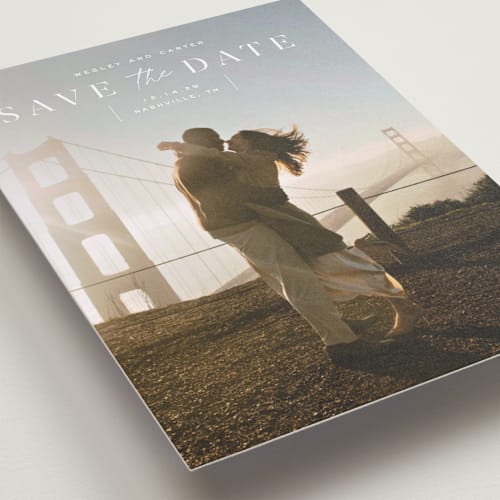 This is a cloud save the date with standard by Sara Hicks Malone called modern stencil printing on recycled smooth signature in standard