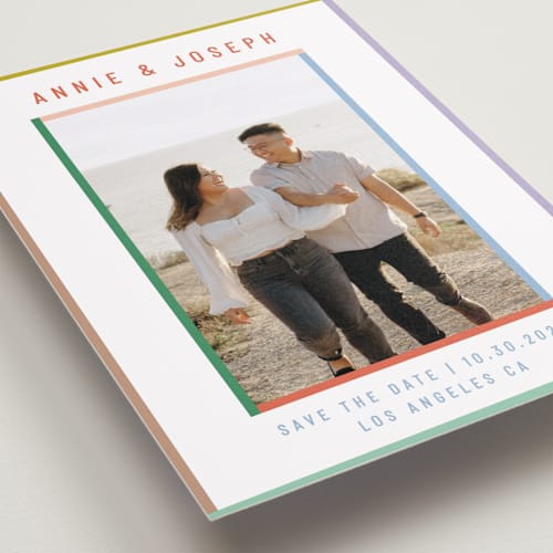 This is a candy save the date with standard by Kelly Watkins called color frame printing on recycled smooth signature in standard