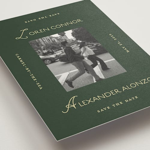 This is a citrus save the date with standard by Angela Quan called grid printing on recycled smooth signature in standard