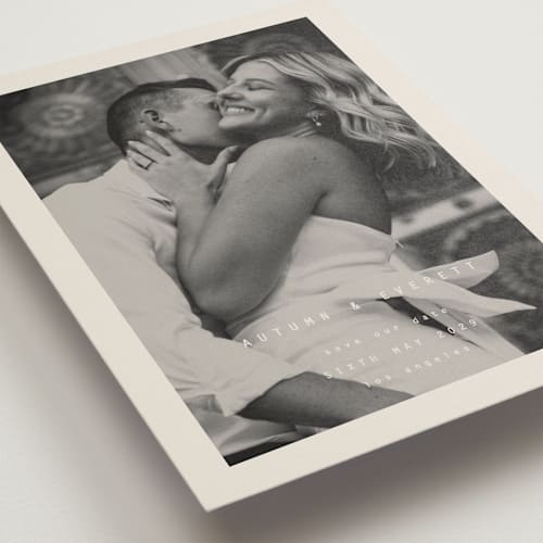 This is a vanilla save the date with standard by Blustery August called nonnette printing on recycled smooth signature in standard