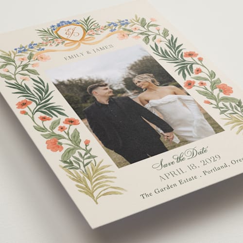 This is a garden save the date with standard by Elly called garden heirloom printing on recycled smooth signature in standard