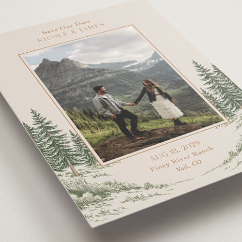 This is a forest save the date with standard by Elly called whispering pines printing on recycled smooth signature in standard