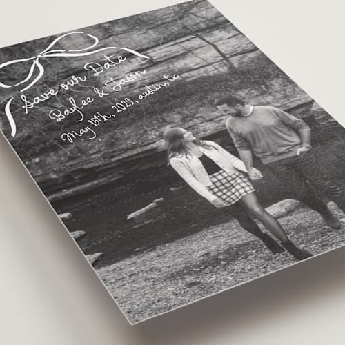 This is a pearl save the date with standard by Jelena Vuletic called inkwoven printing on recycled smooth signature in standard