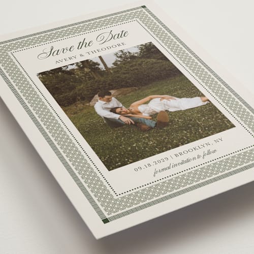 This is a moss save the date with standard by Kelly Watkins called literary printing on recycled smooth signature in standard