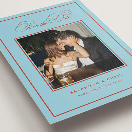 This is a sky save the date with standard by Kelly Watkins called vivid printing on recycled smooth signature in standard