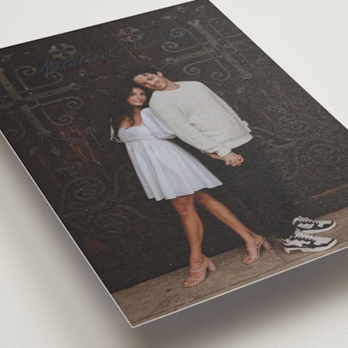 This is a midnight save the date with standard by Jessica Williams called tranquil printing on recycled smooth signature in standard