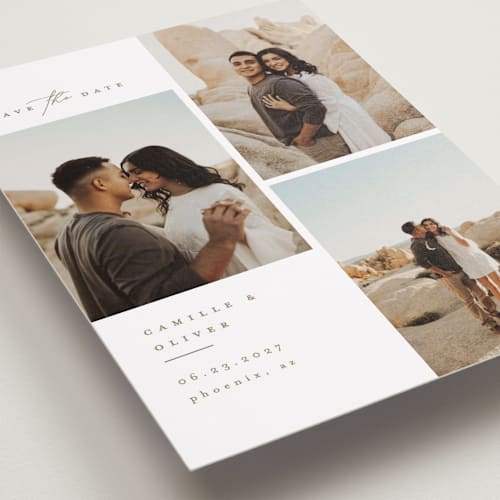 This is a cognac save the date with standard by Kristie Kern called our romance printing on recycled smooth signature in standard