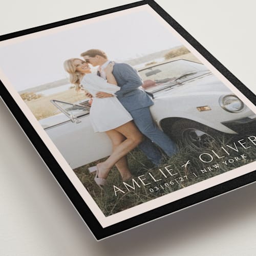 This is a onyx save the date with standard by Angela Thompson called picturesque printing on recycled smooth signature in standard
