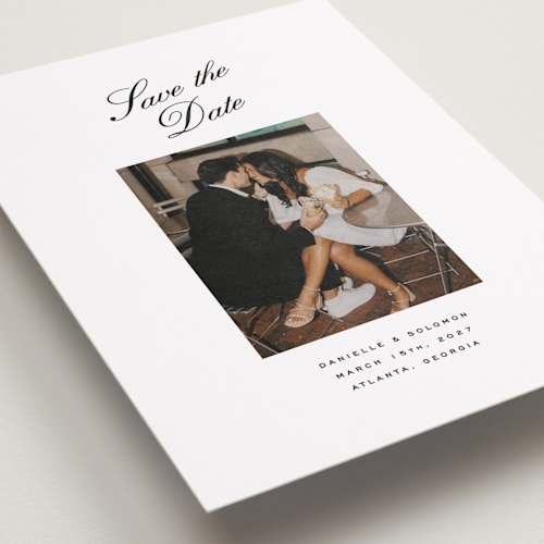This is a pearl save the date with standard by Olivia Kanaley Inman called hayworth printing on recycled smooth signature in standard