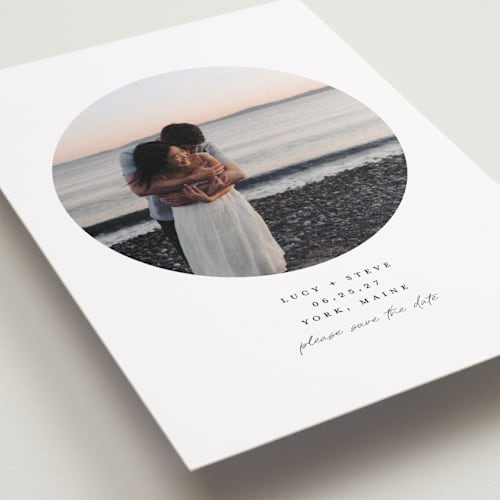 This is a cloud save the date with standard by mo kelley called focal printing on recycled smooth signature in standard