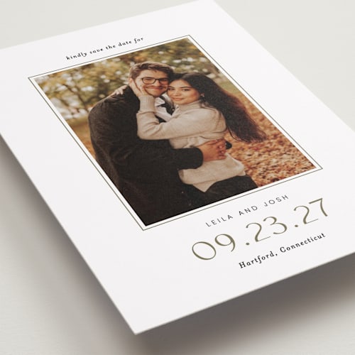 This is a olive save the date with standard by Sara Hicks Malone called brampton printing on recycled smooth signature in standard