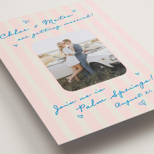 This is a pink grapefruit save the date with standard by Jackie Crawford called the right stripes printing on recycled smooth signature in standard