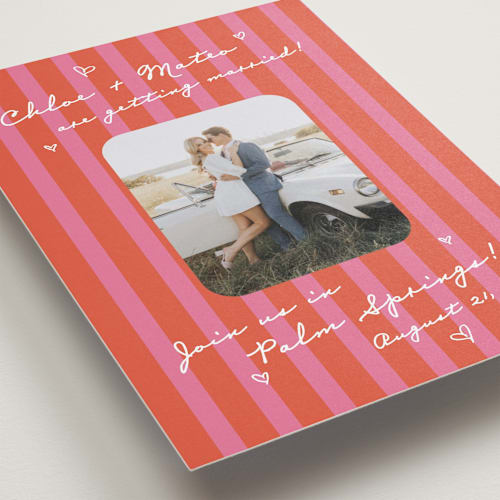 This is a candy save the date with standard by Jackie Crawford called the right stripes printing on recycled smooth signature in standard