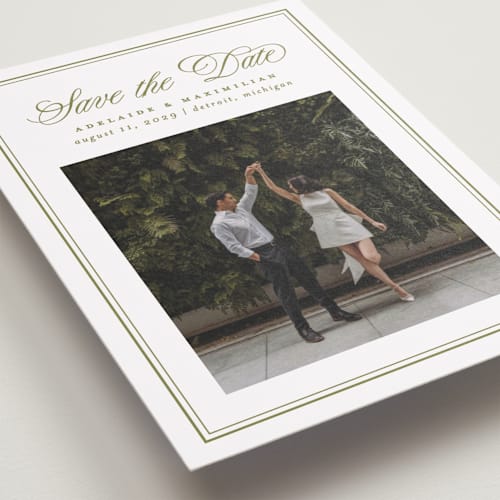 This is a olive save the date with standard by Ellen Schlegelmilch called museo printing on recycled smooth signature in standard