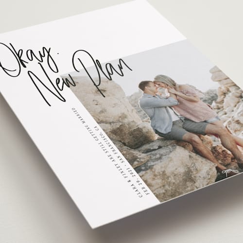 This is a jet black save the date with standard by Maria Hilas-Louie called okay, new plan printing on recycled smooth signature in standard