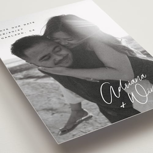 This is a cotton save the date with standard by Hooray Creative called adriana printing on recycled smooth signature in standard