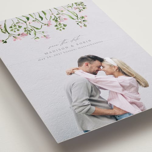 This is a petunia save the date with standard by Claudia Orengo called growing together printing on recycled smooth signature in standard