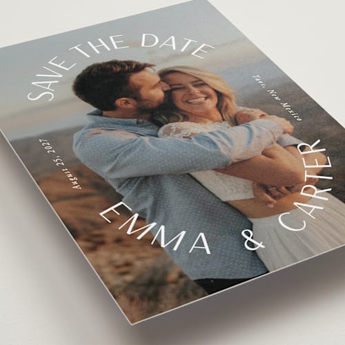 This is a pearl save the date with standard by Susan Asbill called roundabout printing on recycled smooth signature in standard
