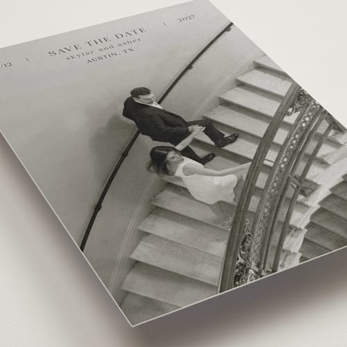 This is a noir save the date with standard by Tamara Hilje called in line printing on recycled smooth signature in 5x7