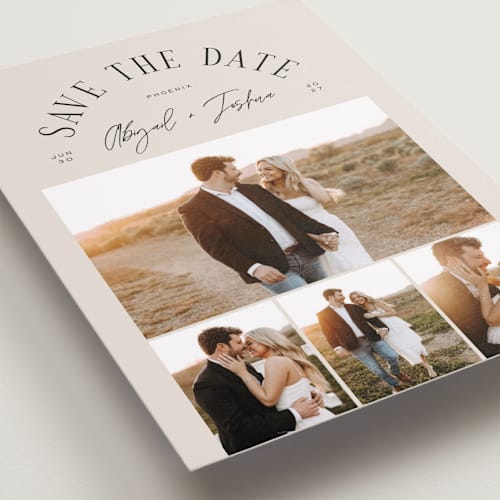 This is a taupe save the date with standard by Michelle Taylor called archway printing on recycled smooth signature in standard