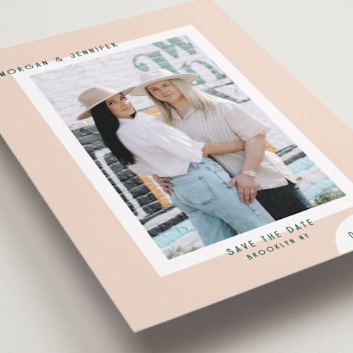 This is a melon save the date with standard by Kelly Watkins called minimal modern printing on recycled smooth signature in standard