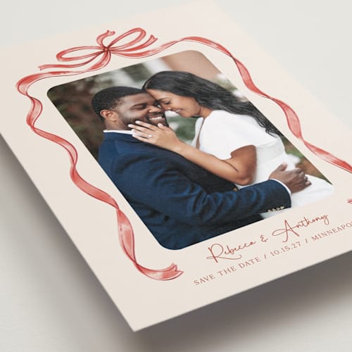 This is a cherry save the date with standard by Paper Sun Studio called tied together printing on recycled smooth signature in standard