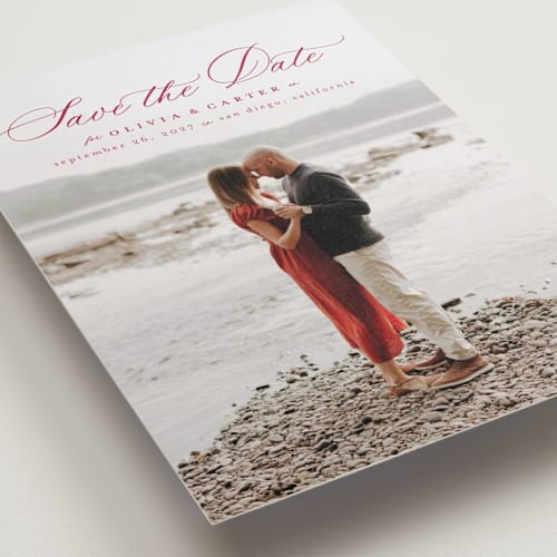 This is a wine save the date with standard by Ashlee Townsend called enchanted love printing on recycled smooth signature in standard