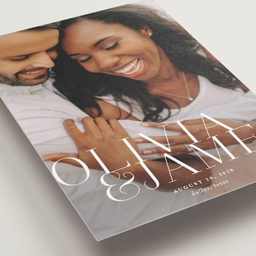 This is a pearl save the date with standard by Lauren Chism called this couple printing on recycled smooth signature in standard