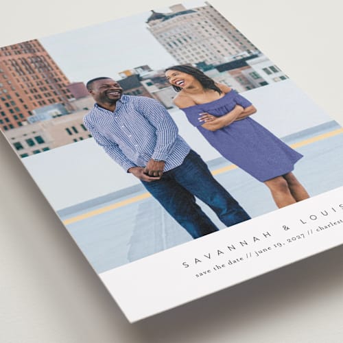 This is a onyx save the date with standard by Jennifer Postorino called atmospheric printing on recycled smooth signature in standard