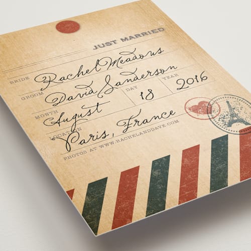 This is a post office wedding announcements with standard by Dawn Jasper called vintage pack your bags printing on signature in standard